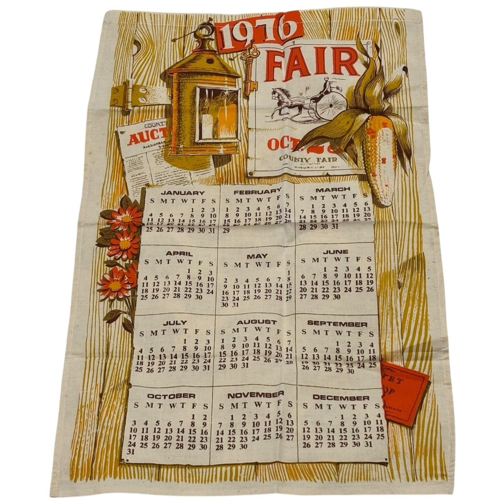 Vintage 1976 Calendar Tea Towel Cotton Fall Fair Wall‎ Hanging No Dowel